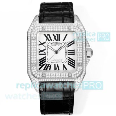 Swiss clone Cartier De Santos 100th Anniversary White Face Roman Watch Diamond-set 